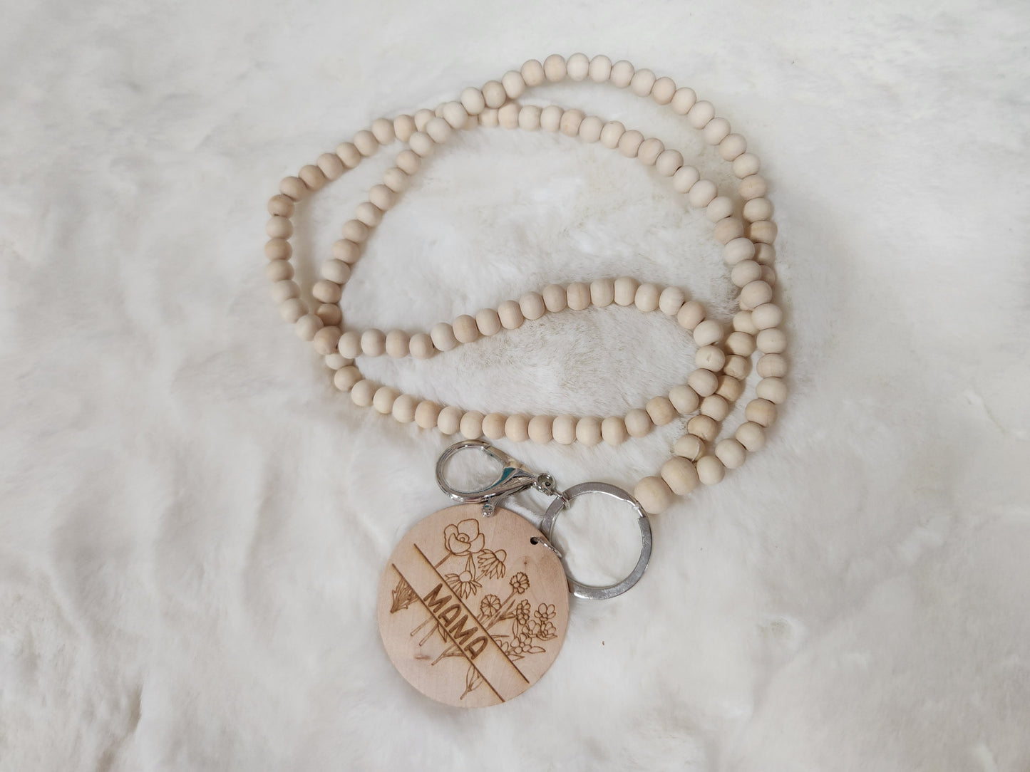 Beaded Lanyard with Round Wood Keychain